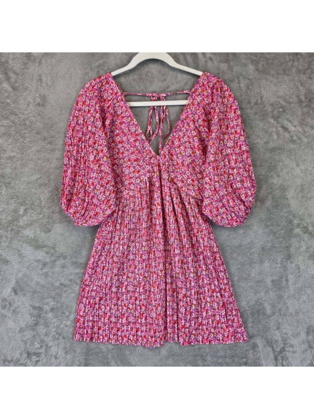 Zara Dress Womens S Pink Floral V Neck Balloon Sleeve Pleated Mini Tie Back